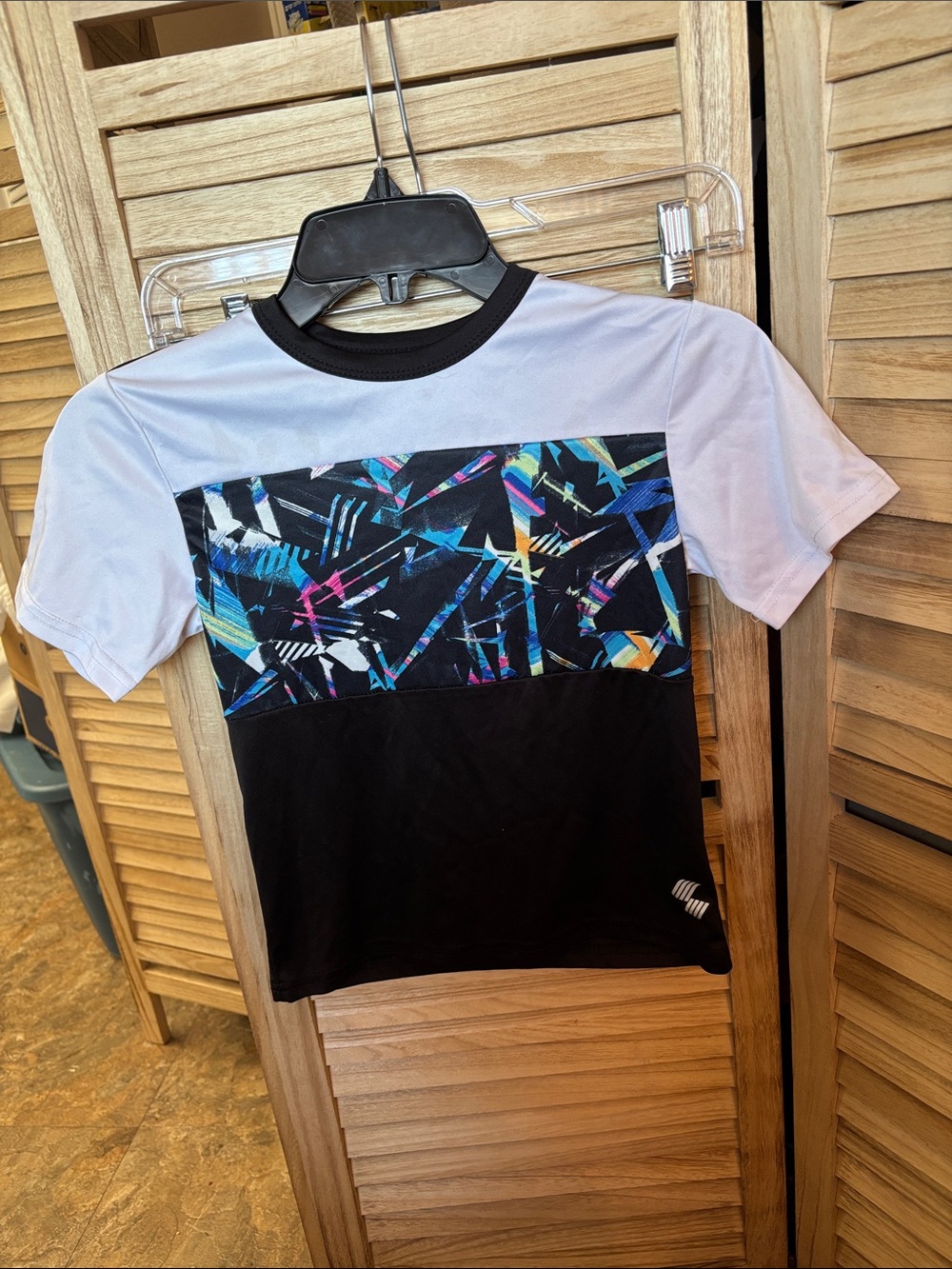 Kids Place Colorblock Graphic Tee - White & Black with Multicolor Print Small
